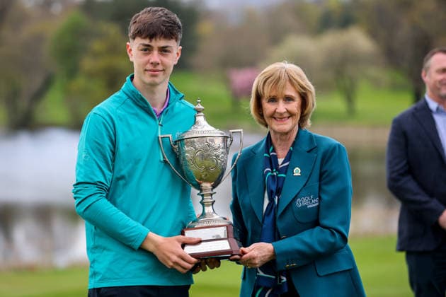 REPRO FREE *PRESS RELEASE NO REPRODUCTION FEE* EDITORIAL USE ONLY Flogas Irish Boys Amateur Open Championship, Malone Golf Club, Belfast 19 4 2026 Luke Furlong is presented with the Flogas Irish Boys Amateur Open Championship Trophy by Golf Ireland President Fiona Delargy Luke Furlong is presented with the Flogas Irish Boys Amateur Open Championship Trophy by Fiona Delargy 19 4 2026  Copyright: x INPHO RyanxByrnex RB2_1016