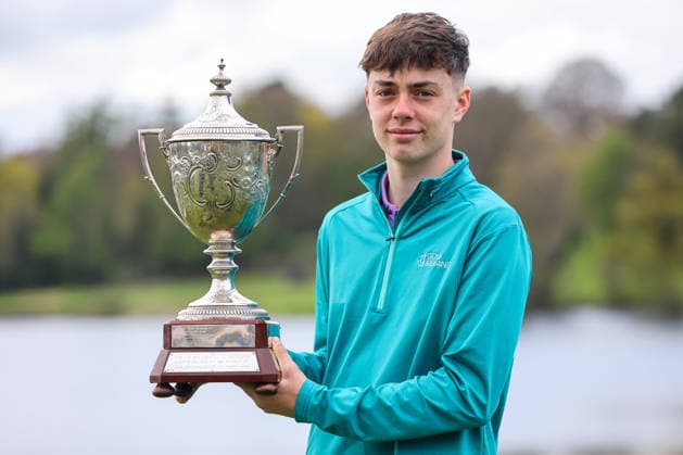 REPRO FREE *PRESS RELEASE NO REPRODUCTION FEE* EDITORIAL USE ONLY Flogas Irish Boys Amateur Open Championship, Malone Golf Club, Belfast 19 4 2026 Luke Furlong celebrates with the Irish Boys Amateur Open Championship Trophy Luke Furlong celebrates with the Irish Boys Amateur Open Championship Trophy 19 4 2026  Copyright: x INPHO RyanxByrnex RB2_1166