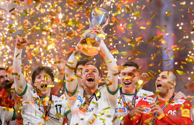 Award ceremony, cheering Mathias GIDSEL B with the DHB Cup, l r Nils LICHTLEIN B , Mathias GIDSEL B , goalkeeper Dejan MILOSAVLJEV B Final Füchse Berlin B Bergischer HC BHC , on 19 04 2026 Handball DHB Cup Final4 2026, from 18 04 19 04 2026 in Cologne Germany Â