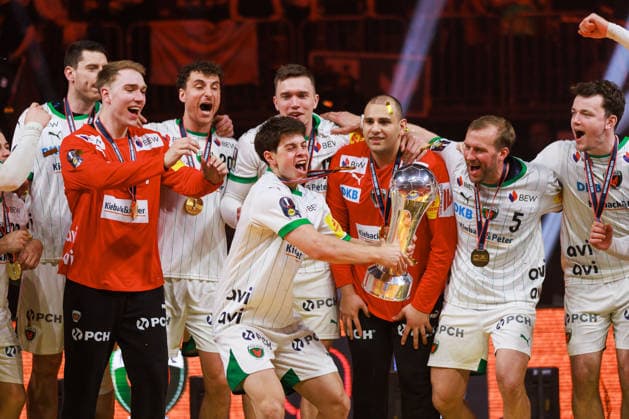 Leo PRANTNER Fuechse Berlin, 06 with the cup GER, Fuechse Berlin vs Bergischer HC, Handball, DHB Cup, LIDL Final4, Final, Season 2025 2026, 19 04 2026, GER, Fuechse Berlin vs Bergischer HC, Handball, DHB Cup, LIDL Final4, Final, Season 2025 2026, 19 04 2026, Cologne Copyright: xEibnerxPressefoto OliverxSchmidtx EP_OST