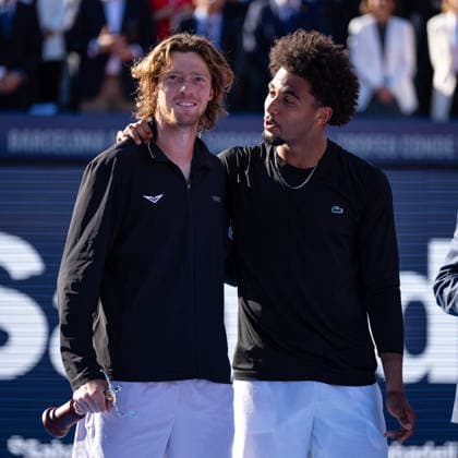 ATP, Tennis Herren 500 - Final of Barcelona Open Banc Sabadell in Barcelona, Spain, 19, April, 2026. Final of Barcelona Open Banc Sabadell match between Andrey Rublev (RUS) and Arthur Fils (FRA) in Reial Club de Tennis Barcelona, Barcelona, Spain, on April 19, 2026. Andrey Rublev (RUS) and Arthur Fils (FRA) at the end of the match. Barcelona Reial Club de Tennis Barcelona Barcelona Spain
