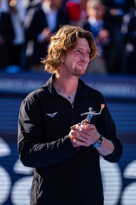ATP, Tennis Herren 500 - Final of Barcelona Open Banc Sabadell in Barcelona, Spain, 19, April, 2026. Final of Barcelona Open Banc Sabadell match between Andrey Rublev (RUS) and Arthur Fils (FRA) in Reial Club de Tennis Barcelona, Barcelona, Spain, on April 19, 2026. Andrey Rublev (RUS) reacts. Barcelona Reial Club de Tennis Barcelona Barcelona Spain