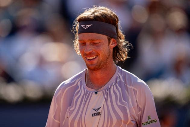 ATP, Tennis Herren 500 - Final of Barcelona Open Banc Sabadell in Barcelona, Spain, 19, April, 2026. Final of Barcelona Open Banc Sabadell match between Andrey Rublev (RUS) and Arthur Fils (FRA) in Reial Club de Tennis Barcelona, Barcelona, Spain, on April 19, 2026. Andrey Rublev (RUS) reacts. Barcelona Reial Club de Tennis Barcelona Barcelona Spain