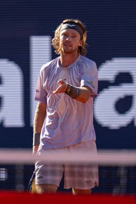 ATP, Tennis Herren 500 - Final of Barcelona Open Banc Sabadell in Barcelona, Spain, 19, April, 2026. Final of Barcelona Open Banc Sabadell match between Andrey Rublev (RUS) and Arthur Fils (FRA) in Reial Club de Tennis Barcelona, Barcelona, Spain, on April 19, 2026. Andrey Rublev (RUS) reacts. Barcelona Reial Club de Tennis Barcelona Barcelona Spain