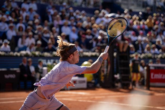 ATP, Tennis Herren 500 - Final of Barcelona Open Banc Sabadell in Barcelona, Spain, 19, April, 2026. Final of Barcelona Open Banc Sabadell match between Andrey Rublev (RUS) and Arthur Fils (FRA) in Reial Club de Tennis Barcelona, Barcelona, Spain, on April 19, 2026. Andrey Rublev (RUS) action. Barcelona Reial Club de Tennis Barcelona Barcelona Spain