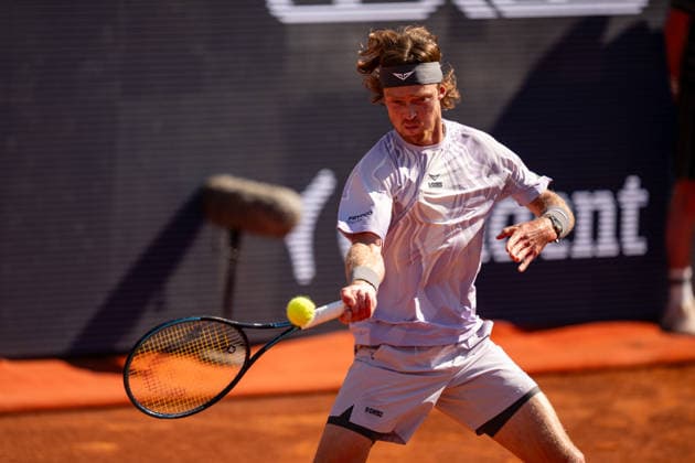 ATP, Tennis Herren 500 - Final of Barcelona Open Banc Sabadell in Barcelona, Spain, 19, April, 2026. Final of Barcelona Open Banc Sabadell match between Andrey Rublev (RUS) and Arthur Fils (FRA) in Reial Club de Tennis Barcelona, Barcelona, Spain, on April 19, 2026. Andrey Rublev (RUS) action. Barcelona Reial Club de Tennis Barcelona Barcelona Spain