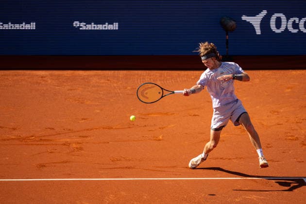 ATP, Tennis Herren 500 - Final of Barcelona Open Banc Sabadell in Barcelona, Spain, 19, April, 2026. Final of Barcelona Open Banc Sabadell match between Andrey Rublev (RUS) and Arthur Fils (FRA) in Reial Club de Tennis Barcelona, Barcelona, Spain, on April 19, 2026. Andrey Rublev (RUS) action. Barcelona Reial Club de Tennis Barcelona Barcelona Spain