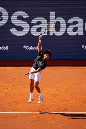 ATP, Tennis Herren 500 - Final of Barcelona Open Banc Sabadell in Barcelona, Spain, 19, April, 2026. Final of Barcelona Open Banc Sabadell match between Andrey Rublev (RUS) and Arthur Fils (FRA) in Reial Club de Tennis Barcelona, Barcelona, Spain, on April 19, 2026. Arthur Fils (FRA) serve. Barcelona Reial Club de Tennis Barcelona Barcelona Spain
