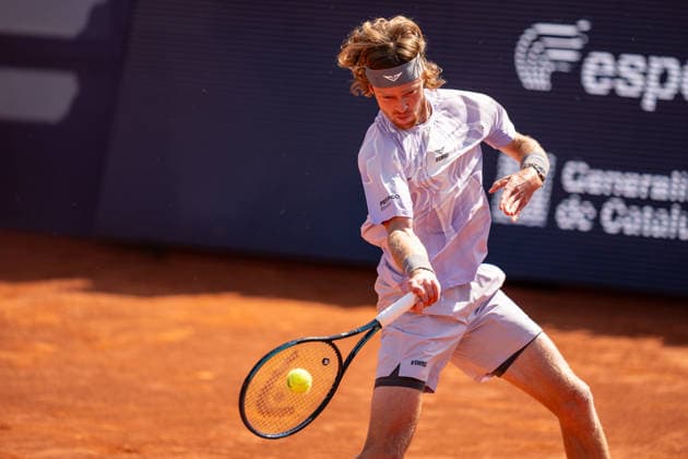 ATP, Tennis Herren 500 - Final of Barcelona Open Banc Sabadell in Barcelona, Spain, 19, April, 2026. Final of Barcelona Open Banc Sabadell match between Andrey Rublev (RUS) and Arthur Fils (FRA) in Reial Club de Tennis Barcelona, Barcelona, Spain, on April 19, 2026. Andrey Rublev (RUS) action. Barcelona Reial Club de Tennis Barcelona Barcelona Spain