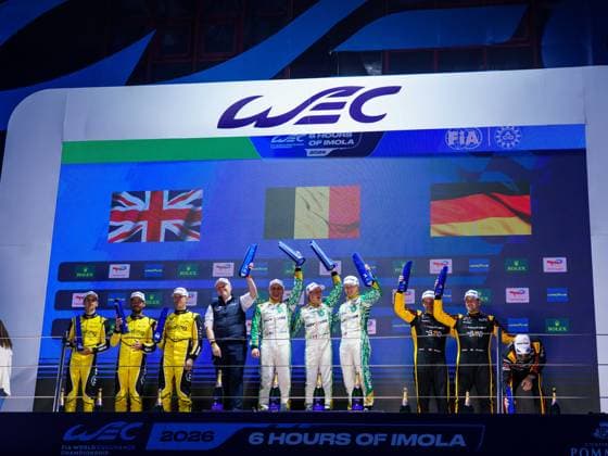 Podium During The RACE FIA World Endurance Championship Prologue Team WRT s Anthony McIntosh, Parker Thompson, and Daniel Harper; TF s Blake McDonald, Jonny Edgar, and Nicky Catsburg; and The Bend Manthey s Yasser Shahin, Riccardo Pera, and Richard Lietz stand on the podium as winners during the RACE FIA World Endurance Championship Prologue at Autodromo Enzo e Dino Ferrari in Imola, Italy, on April 19, 2026. Imola Italy  Copyright: xFabioxAvernax originalFilename:averna-racefiaw260419_npjKd.jpg