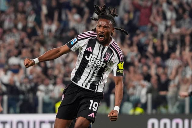Juventus Khephren Thuram celebrates after scoring the 2-0 goal for his team during the Serie A soccer match between Juventus Fc and Bologna the Juventus Stadium in Turin, north west Italy - April 19, 2026. - Soccer  Copyright: xFabioxFerrari LaPressex