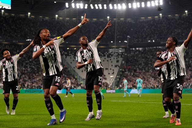 Juventus Khephren Thuram celebrates after scoring the 2-0 goal for his team during the Serie A soccer match between Juventus Fc and Bologna the Juventus Stadium in Turin, north west Italy - April 19, 2026. - Soccer  Copyright: xFabioxFerrari LaPressex