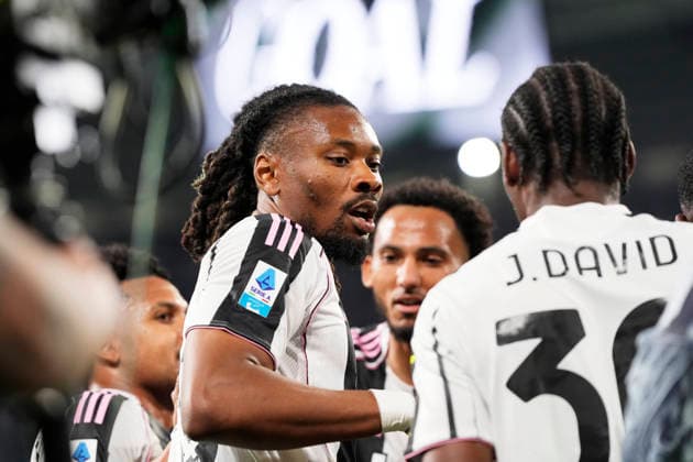 Juventus Khephren Thuram celebrates after scoring the 2-0 goal for his team during the Serie A soccer match between Juventus Fc and Bologna the Juventus Stadium in Turin, north west Italy - April 19, 2026. - Soccer  Copyright: xFabioxFerrari LaPressex