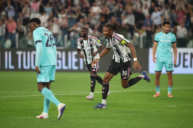 Khephren Thuram of Juventus FC celebrating after a goal during the Italian Serie A, football match between Juventus FC and Bologna FC on 19 April 2026, at Allianz Stadium Turin, Italy. Photo Nderim Kaceli  Copyright: xNderimxKaceli IPAxSportx xipa-agency.netx xx IPA_74087963 IPA_Agency_IPA74087963