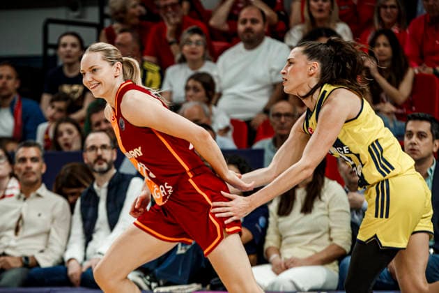 ESP Galatasaray Cagdas Faktoring v Fenerbahce Opet Final game Euroleague Women Final Six 2026 Olcay Cakir and Marine Johannes during the Euroleague Women final game between Galatasaray Cagdas Faktoring and Fenerbahce Opet played at Principe Felipe Arena on April 19, 2026 in Zaragoza, Spain Zaragoza Spain Basketball Copyright: xDanielxMarzo AgenciaxLOFx