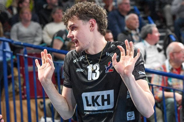 Neo Laumann SVG Lüneburg, 11 facial expression, strong facial expression, emotion, 19 04 2026, Düren Germany , Volleyball, 1 Bundesliga Men, Semifinal Playoff, SWD Powervolleys Düren SVG Lüneburg xmhx