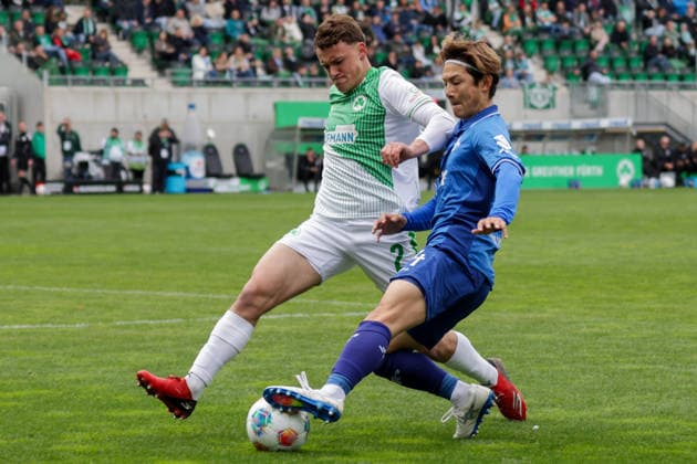 19 04 2026, xgrfx, Soccer 2 Bundesliga, SpVgg Greuther Fuerth SV Darmstadt 98 v l Lukas Reich Greuther Fürth , Yosuke Furukawa SV Darmstadt DFL DFB REGULATIONS PROHIBIT ANY USE OF PHOTOGRAPHS as IMAGE SEQUENCES and or QUASI VIDEO Fuerth