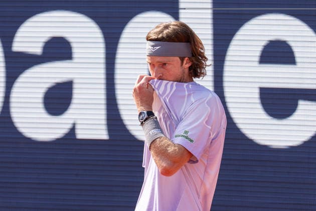 April 19, 2026, Barcelona, Spain: Andrey Rublev ( RUS ) seen in action against Arthur Fils ( FRA ) (Not in picture) during the final of the 2026 Barcelona Open Banc Sabadell. Final of the Barcelona Open Banc Sabadell tennis tournament between Arthur Fils (FRA) and Andrey Rublev (RUS), winning Arthur Fils 6-2 and 7-6 Final Of The Barcelona Open Banc Sabadell Tennis Tournament In Barcelona, Spain - 19 Apr 2026  - ZUMAs197 20260419_aaa_s197_032 Copyright: xRicardxNovellax