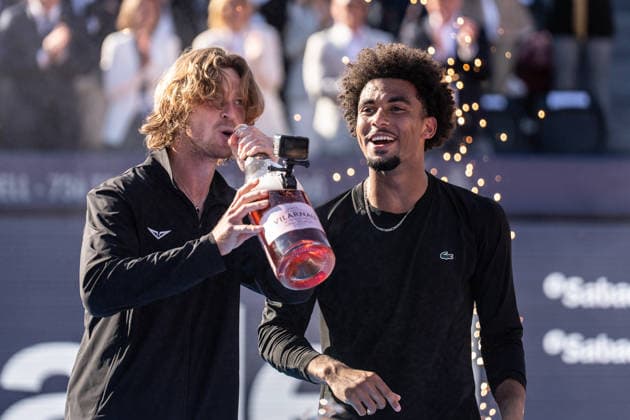 April 19, 2026, Barcelona, Spain: Arthur Fils (FRA) and Andrey Rublev (RUS) share a moment of complicity after the 2026 Barcelona Open Banc Sabadell match. Final of the Barcelona Open Banc Sabadell tennis tournament between Arthur Fils (FRA) and Andrey Rublev (RUS), winning Arthur Fils 6-2 and 7-6 Final Of The Barcelona Open Banc Sabadell Tennis Tournament In Barcelona, Spain - 19 Apr 2026  - ZUMAs197 20260419_aaa_s197_056 Copyright: xRicardxNovellax