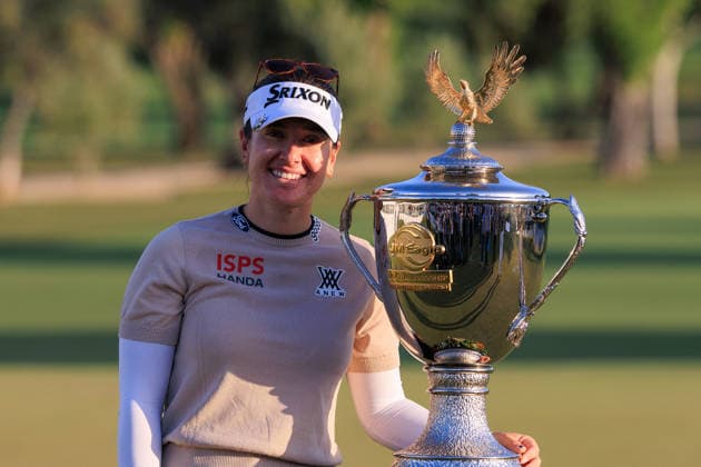 April 19, 2026, Tarzana, California, USA: Hannah Green poses with the Championship trophy after winning the Final Round of the 2026 JM Eagle Championship Los Angeles at the Caballero Country Club in Tarzana, California on Sunday April 19, 2026. JAVIER ROJAS PI Tarzana USA - ZUMAp124 20260419_zaa_p124_040 Copyright: xJavierxRojasx