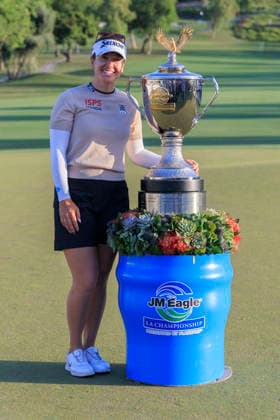 April 19, 2026, Tarzana, California, USA: Hannah Green poses with the Championship trophy after winning the Final Round of the 2026 JM Eagle Championship Los Angeles on Sunday April 19, 2026 at the Caballero Country Club in Tarzana, California. ARIANA RUIZ PI Tarzana USA - ZUMAp124 20260419_zaa_p124_042 Copyright: xArianaxRuizx