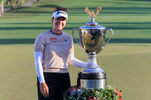 April 19, 2026, Tarzana, California, USA: Hannah Green poses with the Championship trophy after winning the Final Round of the 2026 JM Eagle Championship Los Angeles on Sunday April 19, 2026 at the Caballero Country Club in Tarzana, California. ARIANA RUIZ PI Tarzana USA - ZUMAp124 20260419_zaa_p124_043 Copyright: xArianaxRuizx