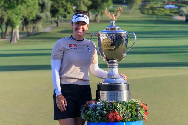 April 19, 2026, Tarzana, California, USA: Hannah Green poses with the Championship trophy after winning the Final Round of the 2026 JM Eagle Championship Los Angeles on Sunday April 19, 2026 at the Caballero Country Club in Tarzana, California. ARIANA RUIZ PI Tarzana USA - ZUMAp124 20260419_zaa_p124_045 Copyright: xArianaxRuizx