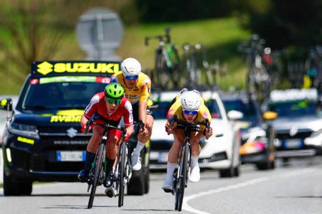 CYCLING - Tour of the Alps 2026 INNSBRUCK,AUSTRIA,20.APR.26 - CYCLING - Tour of the Alps, stage 1, Innsbruck - Innsbruck. Image shows Emanuel Zangerle (AUT TEAM VORARLBERG), Josef Dirnbauer (AUT AUSTRIA) and Tobias Nolde (GER TEAM VORARLBERG).  GEPAxpictures xMarkoxVulic