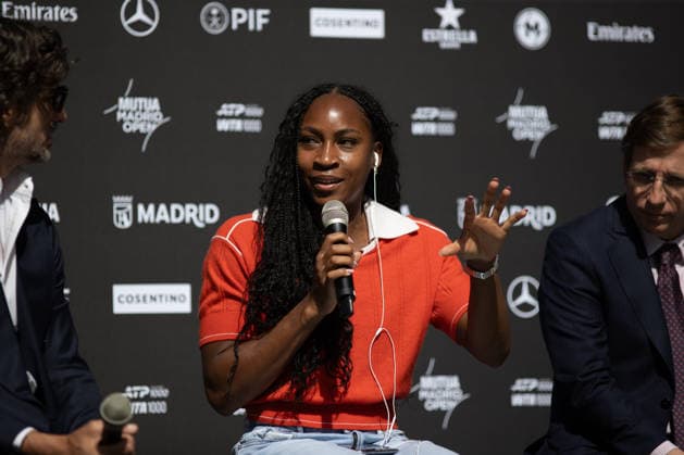 Presentation Of The Mutua Madrid Open 2026, Cori Dionne Coco Gauff, an American tennis player, speaks during the presentation of the Mutua Madrid Open 2026, which is scheduled to take place at La Caja Magica in Madrid, Spain, on April 20 2026. Madrid Spain  Copyright: xDavidxCanalesx originalFilename:canalescarvajal-presenta260420_np3Sg.jpg