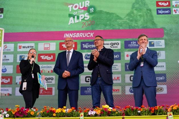 CYCLING - Tour of the Alps 2026 INNSBRUCK,AUSTRIA,20.APR.26 - CYCLING - Tour of the Alps, stage 1, Innsbruck - Innsbruck. Image shows governor Anton Mattle (Tyrol), governor Arno Kompatscher (Suedtirol) and deputy governor Achille Spinelli (Trentino).  GEPAxpictures xMarkoxVulic
