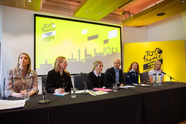 Tour de France 2027 Grand Depart Route Reveal Picture by Charlie Forgham-Bailey SWpix.com - 20 04 2026 - Cycling - Tour de France Femmes avec Zwift 2027 Grand Depart Route Reveal - press conference, PK, Pressekonferenz - Glaziers Hall, London, England - (L to R) Tour de France Femmes avec Zwift Race Director Marion Rousse Franck Perque Flora Perkins (Fenix Premier Tech) Cat Ferguson (Movistar Team) Copyright: x xSWpix.comx(t axPhotographyxHubxLtd)xCharliexForgham-Bailey SWpix.comx SWP-3030-12965