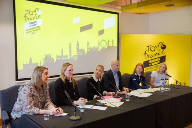 Tour de France 2027 Grand Depart Route Reveal Picture by Charlie Forgham-Bailey SWpix.com - 20 04 2026 - Cycling - Tour de France Femmes avec Zwift 2027 Grand Depart Route Reveal - press conference, PK, Pressekonferenz - Glaziers Hall, London, England - (L to R) Tour de France Femmes avec Zwift Race Director Marion Rousse Franck Perque Flora Perkins (Fenix Premier Tech) Cat Ferguson (Movistar Team) Copyright: x xSWpix.comx(t axPhotographyxHubxLtd)xCharliexForgham-Bailey SWpix.comx SWP-3030-12979
