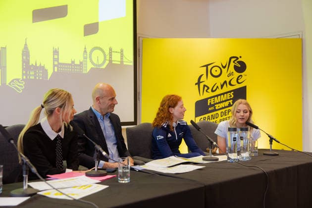 Tour de France 2027 Grand Depart Route Reveal Picture by Charlie Forgham-Bailey SWpix.com - 20 04 2026 - Cycling - Tour de France Femmes avec Zwift 2027 Grand Depart Route Reveal - press conference, PK, Pressekonferenz - Glaziers Hall, London, England - (L to R) Tour de France Femmes avec Zwift Race Director Marion Rousse Franck Perque Flora Perkins (Fenix Premier Tech) Cat Ferguson (Movistar Team) Copyright: x xSWpix.comx(t axPhotographyxHubxLtd)xCharliexForgham-Bailey SWpix.comx SWP-3030-12980