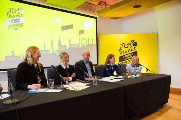 Tour de France 2027 Grand Depart Route Reveal Picture by Charlie Forgham-Bailey SWpix.com - 20 04 2026 - Cycling - Tour de France Femmes avec Zwift 2027 Grand Depart Route Reveal - press conference, PK, Pressekonferenz - Glaziers Hall, London, England - (L to R) Tour de France Femmes avec Zwift Race Director Marion Rousse Franck Perque Flora Perkins (Fenix Premier Tech) Cat Ferguson (Movistar Team) Copyright: x xSWpix.comx(t axPhotographyxHubxLtd)xCharliexForgham-Bailey SWpix.comx SWP-3030-12981
