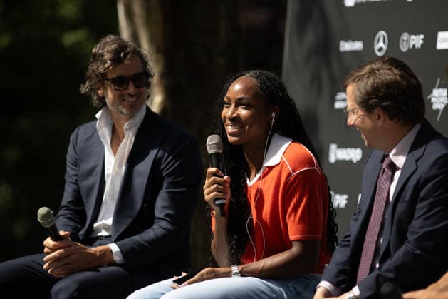 Presentation of the Mutua Madrid Open 2026 in Madrid, Spain - 20 Apr 2026 Cori Dionne Coco Gauff, American tennis player, (C) speaks during the presentation of the Mutua Madrid Open 2026, which will be held from from April 20th to May 3rd at La Caja Mágica in Madrid. Madrid Spain Copyright: xDavidxCanalesx xSOPAxImagesx DCPresentacionMutuaMadrid260420-21