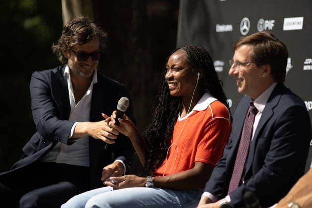 Presentation of the Mutua Madrid Open 2026 in Madrid, Spain - 20 Apr 2026 Cori Dionne Coco Gauff, American tennis player, (C) speaks during the presentation of the Mutua Madrid Open 2026, which will be held from from April 20th to May 3rd at La Caja Mágica in Madrid. Madrid Spain Copyright: xDavidxCanalesx xSOPAxImagesx DCPresentacionMutuaMadrid260420-25