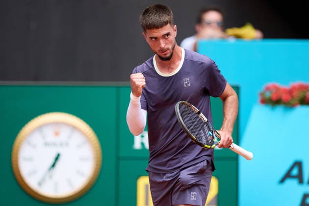 Mutua Madrid Open - Day One Dino Prizmic of Croatia reacts against Christopher OÕConnell of Australia during the MenÕs Singles First Round Qualifying match on day one of the Mutua Madrid Open at Caja Magica on April 20, 2026, in Madrid, Spain. Madrid Caja Magica Madrid Spain RL_MMO2K26_000102 Copyright: xRicardoxLarreinax