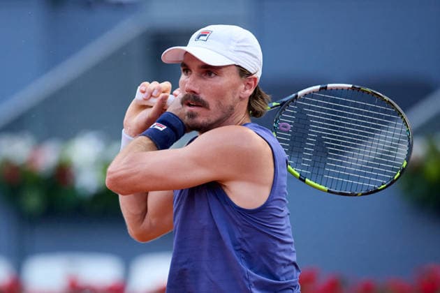 Mutua Madrid Open - Day One Patrick Kypson of United States plays a backhand against Moise Kouame of France during the MenÕs Singles First Round Qualifying match on day one of the Mutua Madrid Open at Caja Magica on April 20, 2026, in Madrid, Spain. Madrid Caja Magica Madrid Spain RL_MMO2K26_000117 Copyright: xRicardoxLarreinax