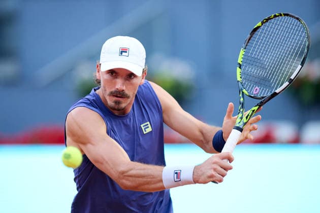 Mutua Madrid Open - Day One Patrick Kypson of United States plays a backhand against Moise Kouame of France during the MenÕs Singles First Round Qualifying match on day one of the Mutua Madrid Open at Caja Magica on April 20, 2026, in Madrid, Spain. Madrid Caja Magica Madrid Spain RL_MMO2K26_000106 Copyright: xRicardoxLarreinax