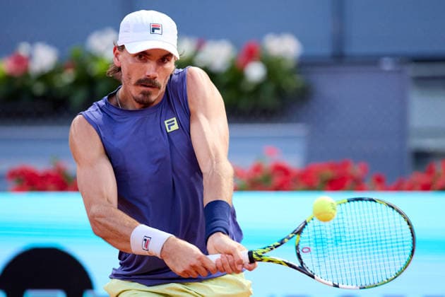 Mutua Madrid Open - Day One Patrick Kypson of United States plays a backhand against Moise Kouame of France during the MenÕs Singles First Round Qualifying match on day one of the Mutua Madrid Open at Caja Magica on April 20, 2026, in Madrid, Spain. Madrid Caja Magica Madrid Spain RL_MMO2K26_000143 Copyright: xRicardoxLarreinax