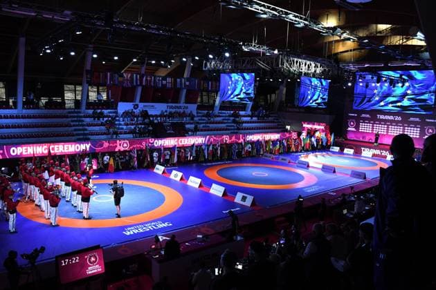 2026 European Wrestling Championships TIRANA, ALBANIA - APRIL 20: The 2026 European Wrestling Championships get underway at the Feti Borova Sports Hall in the Tirana Olympic Park, Albania, on April 20, 2026. The capital city hosts the premier event, which began with an opening ceremony and the initial rounds of competition. Turkiye is participating with a full roster of 30 athletes in the tournament, set to conclude on Sunday, April 26. Olsi Shehu Anadolu Tirana Albania. Editorial use only. Please get in touch for any other usage.  Copyright: x2026xAnadoluxOlsixShehux
