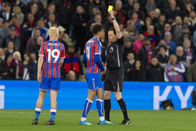 Crystal Palace v West Ham United, Premier League, Football, Selhurst Park, London, UK - 20 Apr 2026 Brennan Johnson of Crystal Palace FC (11) is shown a Yellow card by Referee Darren England London Selhurst Park GBR, UK NEWSPAPERS OUT Copyright: xEllixBirchx