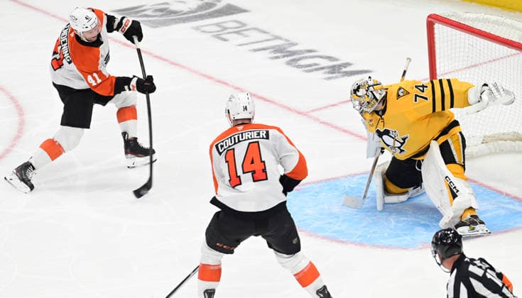 Philadelphia Flyers center Luke Glendening (41) takes a slap shot on Pittsburgh Penguins goaltender Stuart Skinner (74) in the third period of the Flyers 3-0 win against the Pittsburgh Penguins of game two in the opening round of the Eastern Conference playoffs in Pittsburgh on Monday, April 20, 2026.  PIT2026042020 ARCHIExCARPENTER