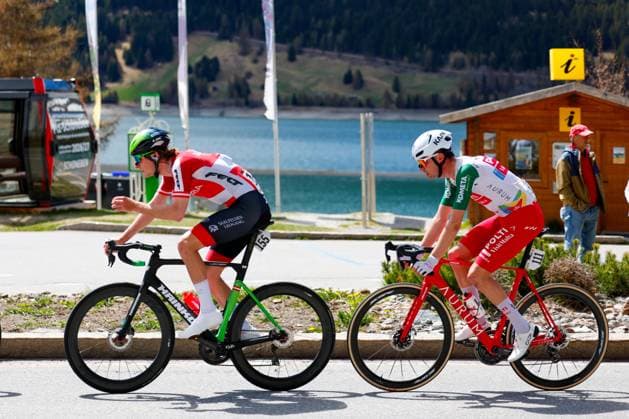 CYCLING - Tour of the Alps 2026 TELFS,AUSTRIA,21.APR.26 - CYCLING - Tour of the Alps, stage 2, Telfs - Martell. Image shows David Paumann (AUT TEAM AUSTRIA) and Davide Bais (ITA TEAM POLTI VISITMALTA).  GEPAxpictures xMarkoxVulic