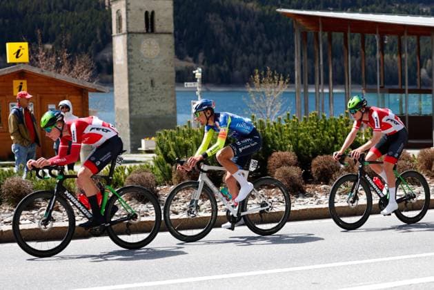 CYCLING - Tour of the Alps 2026 TELFS,AUSTRIA,21.APR.26 - CYCLING - Tour of the Alps, stage 2, Telfs - Martell. Image shows Valentin Poschacher (AUT TEAM AUSTRIA), Luca Verrando (ITA SOLUTION TECH NIPPO RALI) and David Paumann (AUT TEAM AUSTRIA).  GEPAxpictures xMarkoxVulic
