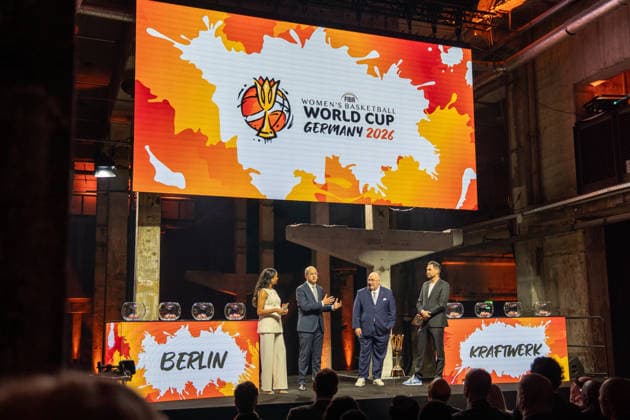 Germany FIBA World Cup Germany 2026 Group Draw and Hall of Fame Ceremony, Class of 2026, on 21 April in Berlin, Kraftwerk Start of the Draw with Ingo Weiss, Andreas Zagklis, Brittney Elena, Matthias Killing Copyright: xSvenxHeidmannx