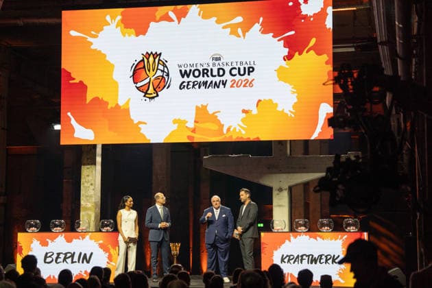 Germany FIBA World Cup Germany 2026 Group Draw and Hall of Fame Ceremony, Class of 2026, on 21 April in Berlin, Kraftwerk Start of the Draw with Ingo Weiss, Andreas Zagklis, Brittney Elena, Matthias Killing Copyright: xSvenxHeidmannx