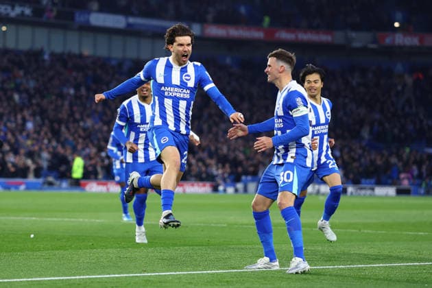 Brighton and Hove, England, 21st April 2026. Ferdi Kadioglu of Brighton and Hove Albion celebrates after scoring to make it 1-0 during the Brighton and Hove Albion vs Chelsea Premier League match at the AMEX Stadium, Brighton and Hove. Picture credit should read: Paul Terry Sportimage EDITORIAL USE ONLY. No use with unauthorised audio, video, data, fixture lists, club league logos or live services. Online in-match use limited to 120 images, no video emulation. No use in betting, games or single club league player publications. SPI_010_PT_Brighton_Chelsea SPI-4706-0010