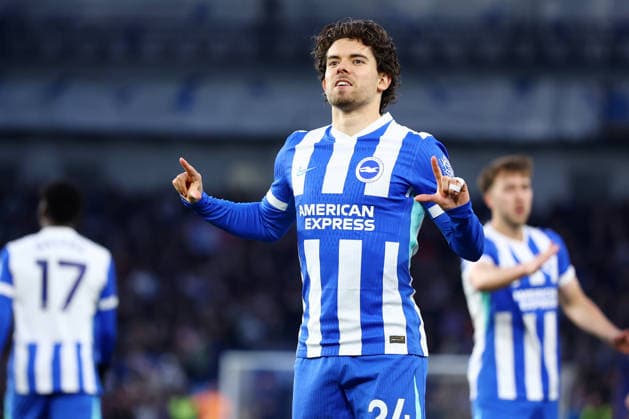 Brighton and Hove, England, 21st April 2026. Ferdi Kadioglu of Brighton and Hove Albion celebrates after scoring to make it 1-0 during the Brighton and Hove Albion vs Chelsea Premier League match at the AMEX Stadium, Brighton and Hove. Picture credit should read: Paul Terry Sportimage EDITORIAL USE ONLY. No use with unauthorised audio, video, data, fixture lists, club league logos or live services. Online in-match use limited to 120 images, no video emulation. No use in betting, games or single club league player publications. SPI_013_PT_Brighton_Chelsea SPI-4706-0013