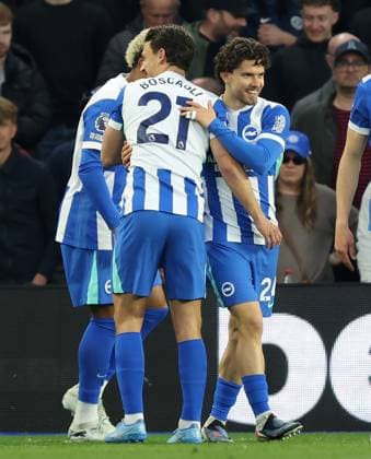 BRIGHTON, ENGLAND, APRIL 21: GOAL 1-0, Ferdi Kadioglu of Brighton & Hove Albion goal celebration with Olivier Boscagli of Brighton & Hove Albion after scoring a goal to put Brighton & Hove Albion 1-0 ahead during the Premier League match between Brighton & Hove Albion FC v Chelsea FC at AMEX Community Stadium, Brighton, England, on April 21. (Photo by Daniel Weir) Copyright: xDanielxWeir SportsxPressxPhotox Sportspressphoto_SPR133982